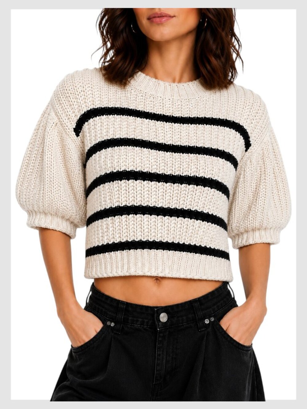 Generation K Cropped Puff Sleeve Striped Knit Sweater Cream Black M